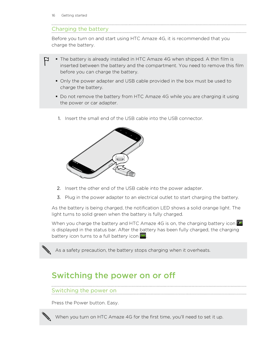 HTC HTCAmaze4GUnlockedBlack manual Switching the power on or off, Charging the battery 