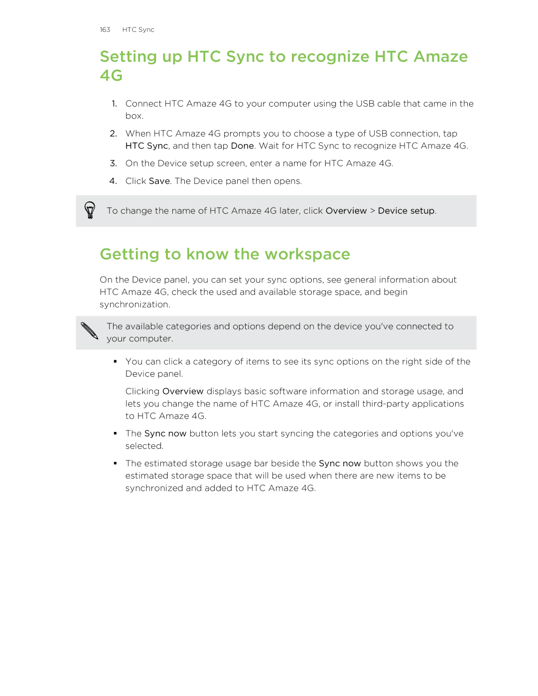 HTC HTCAmaze4GUnlockedBlack manual Setting up HTC Sync to recognize HTC Amaze 4G, Getting to know the workspace 