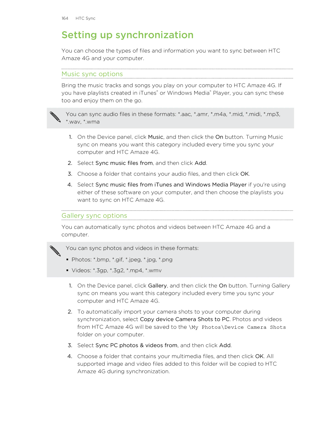 HTC HTCAmaze4GUnlockedBlack manual Setting up synchronization, Music sync options, Gallery sync options 