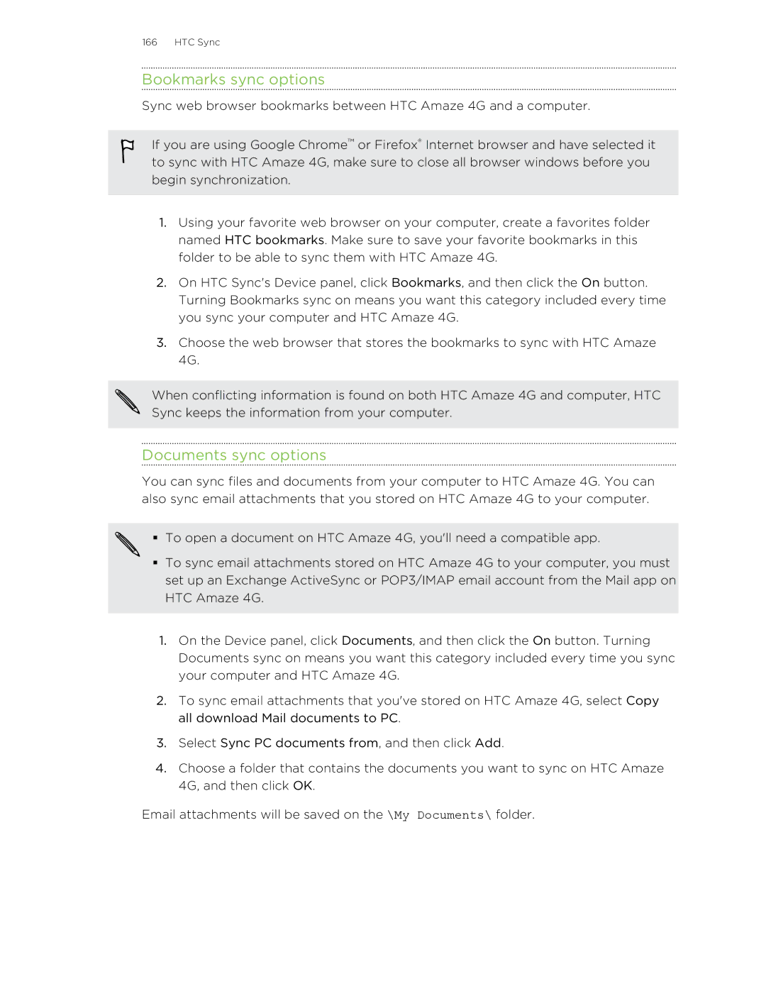 HTC HTCAmaze4GUnlockedBlack manual Bookmarks sync options, Documents sync options 