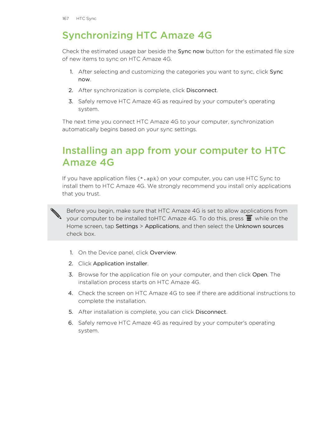 HTC HTCAmaze4GUnlockedBlack manual Synchronizing HTC Amaze 4G, Installing an app from your computer to HTC Amaze 4G 