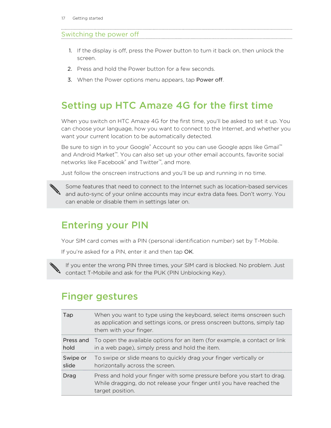 HTC HTCAmaze4GUnlockedBlack manual Setting up HTC Amaze 4G for the first time, Entering your PIN, Finger gestures 