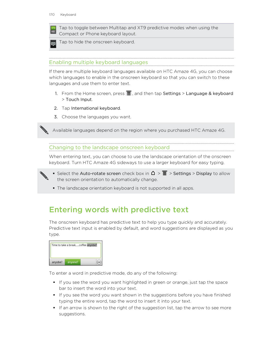 HTC HTCAmaze4GUnlockedBlack manual Entering words with predictive text, Enabling multiple keyboard languages 