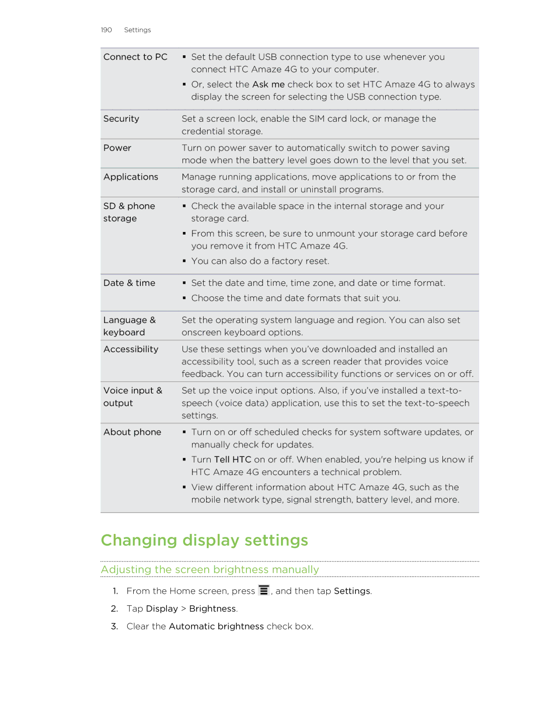 HTC HTCAmaze4GUnlockedBlack Changing display settings, Adjusting the screen brightness manually 