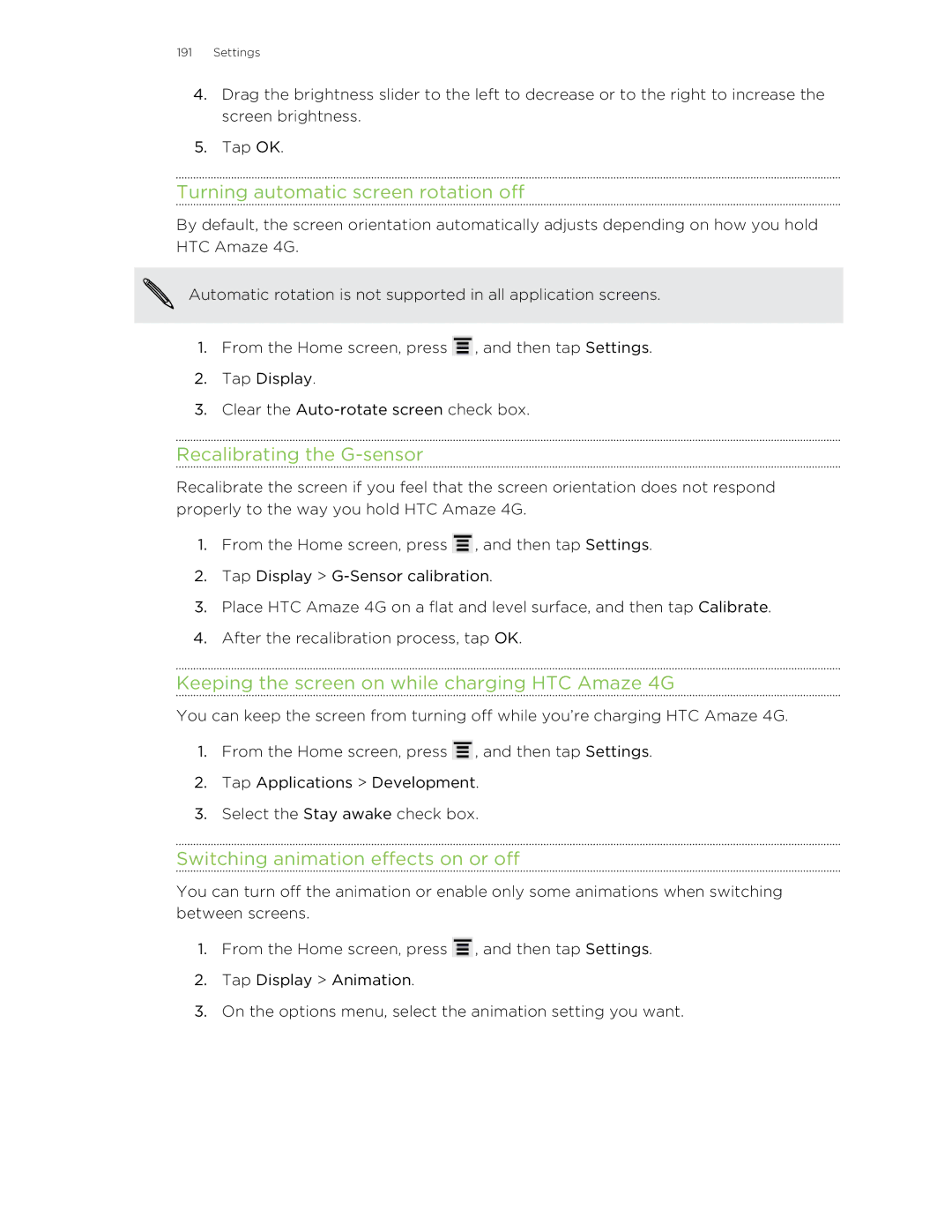 HTC HTCAmaze4GUnlockedBlack manual Turning automatic screen rotation off, Recalibrating the G-sensor 