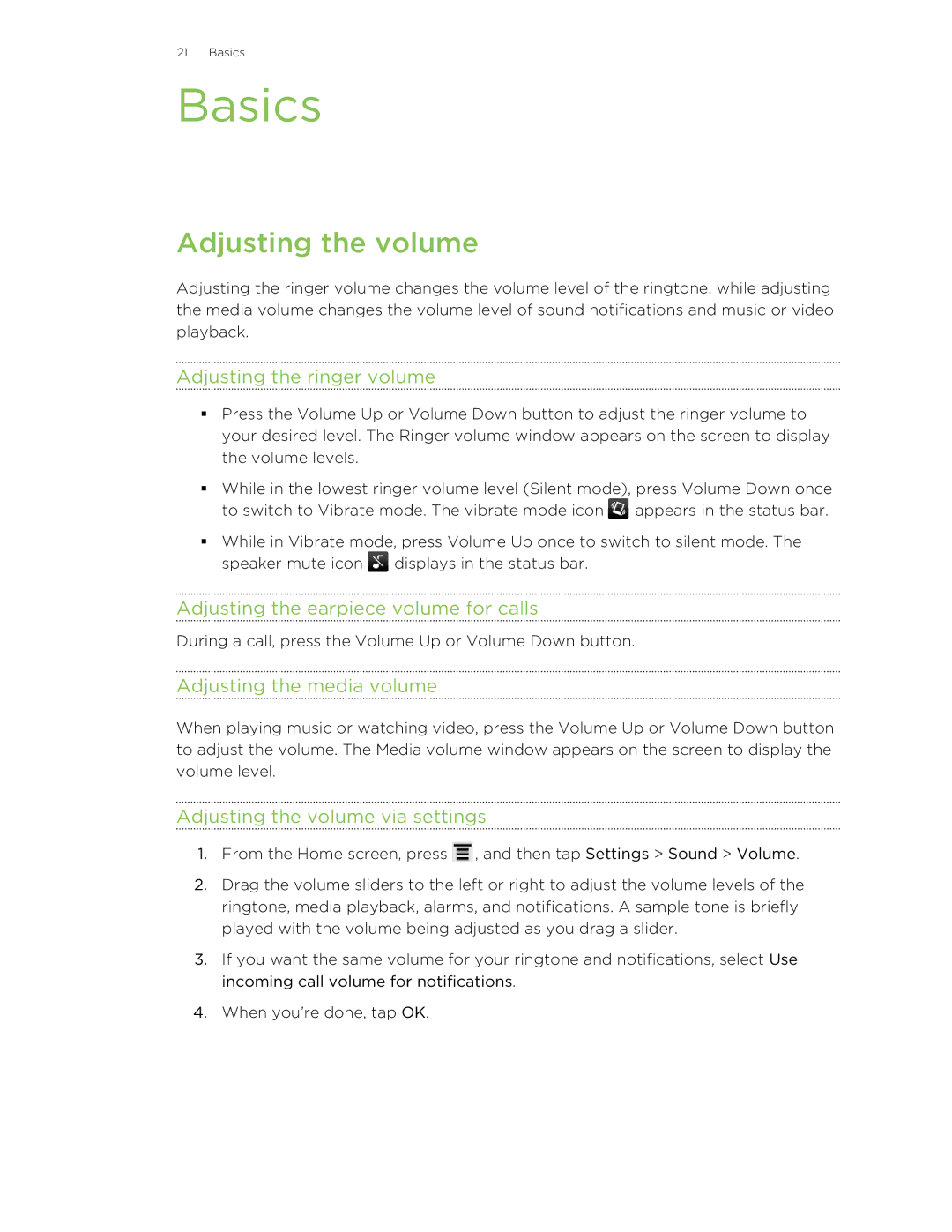 HTC HTCAmaze4GUnlockedBlack manual Basics, Adjusting the volume 