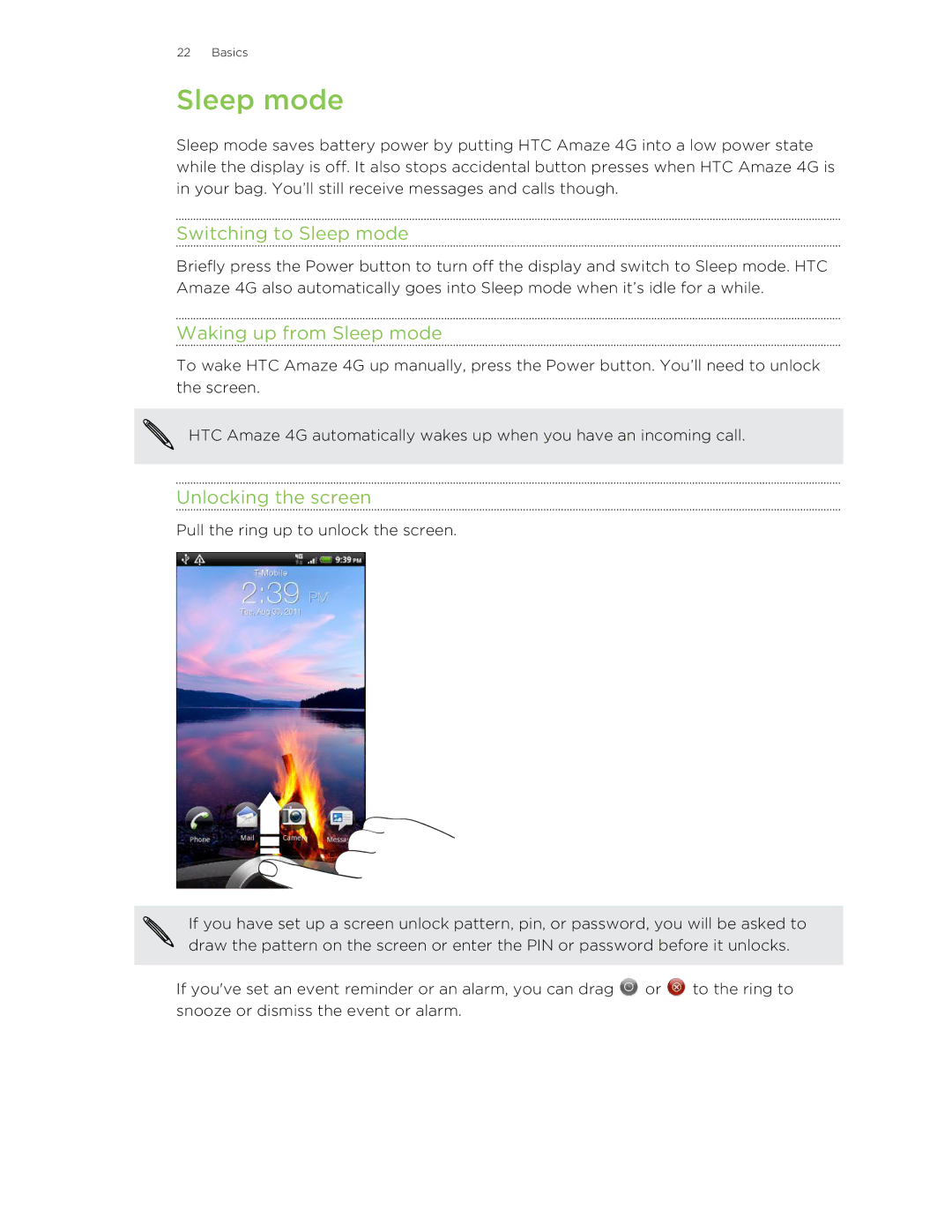 HTC HTCAmaze4GUnlockedBlack manual Switching to Sleep mode, Waking up from Sleep mode, Unlocking the screen 
