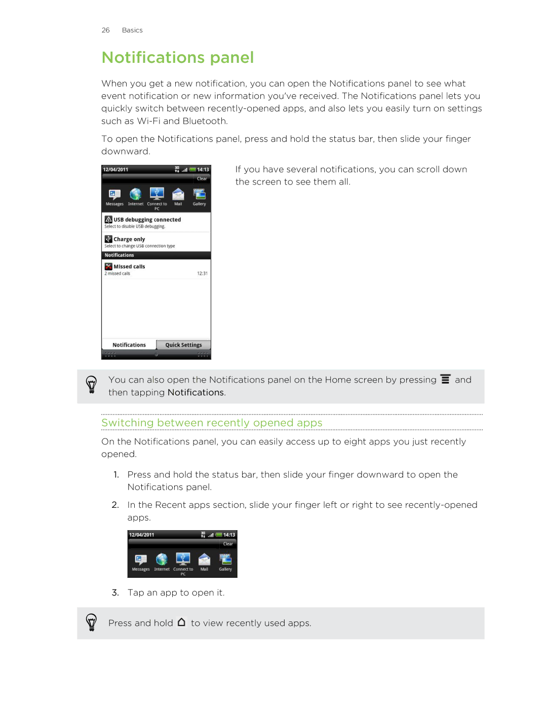 HTC HTCAmaze4GUnlockedBlack manual Notifications panel, Switching between recently opened apps 