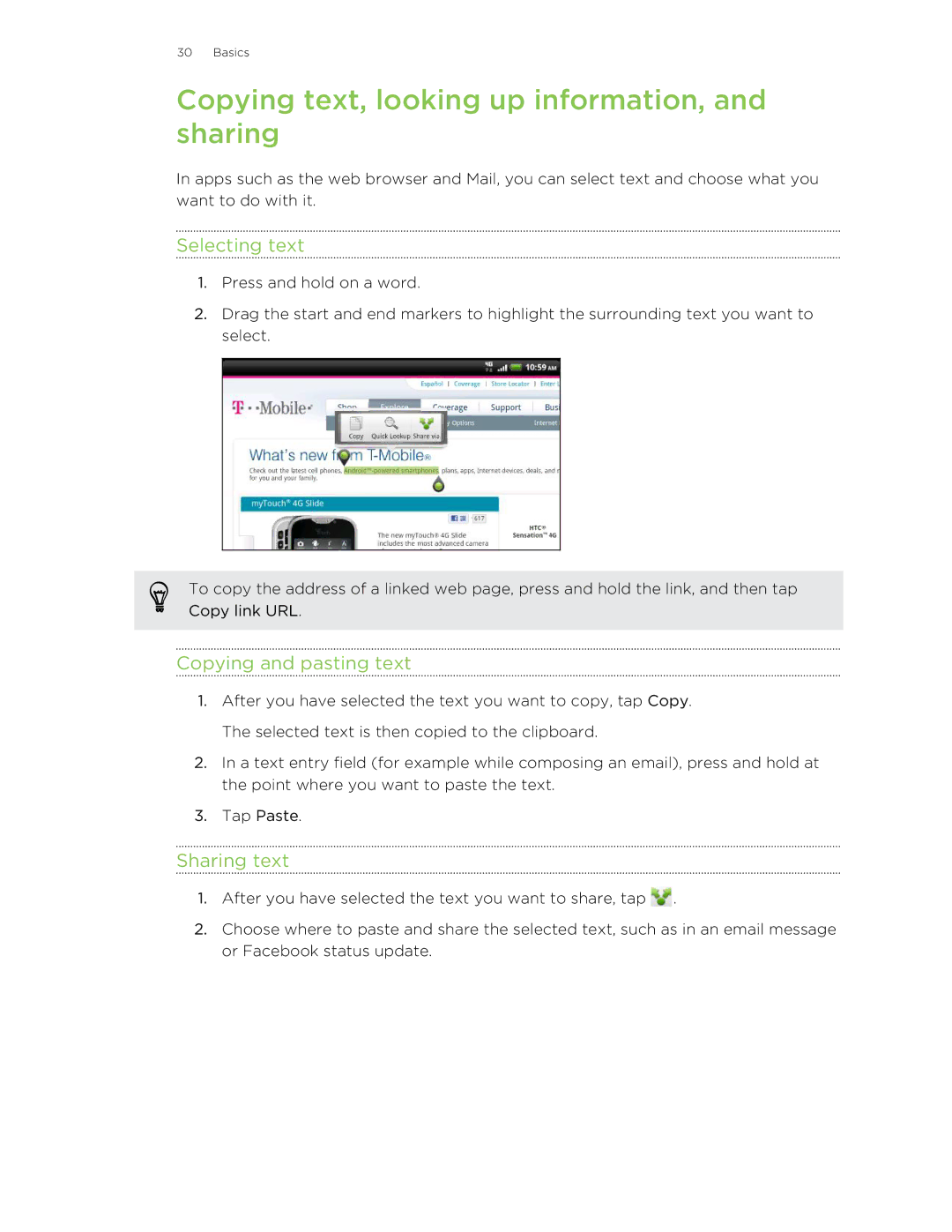 HTC HTCAmaze4GUnlockedBlack Copying text, looking up information, and sharing, Selecting text, Copying and pasting text 