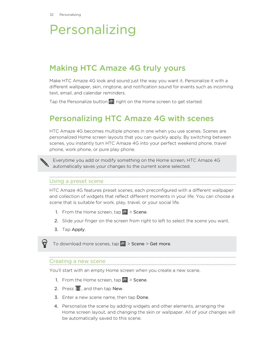 HTC HTCAmaze4GUnlockedBlack manual Making HTC Amaze 4G truly yours, Personalizing HTC Amaze 4G with scenes 