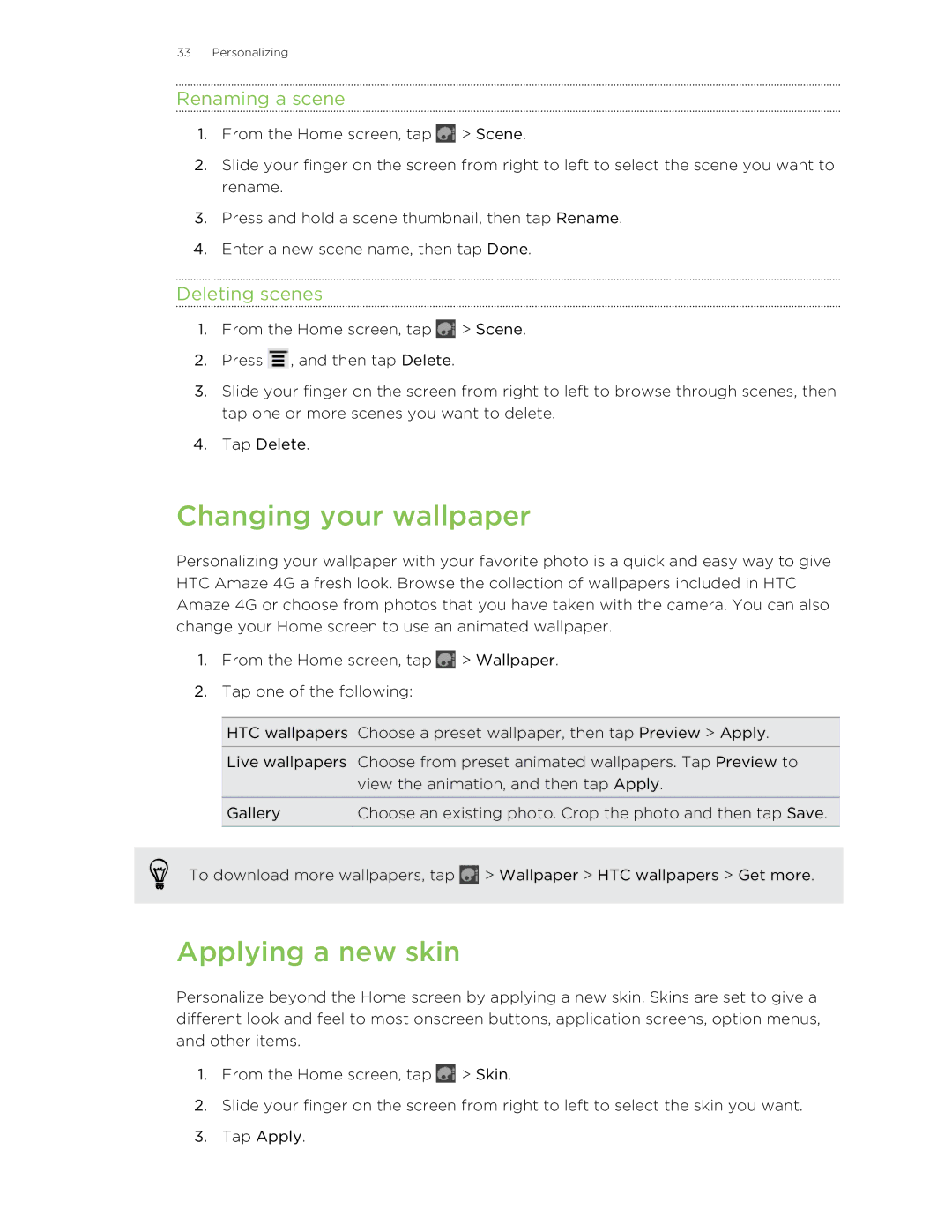 HTC HTCAmaze4GUnlockedBlack manual Changing your wallpaper, Applying a new skin, Renaming a scene, Deleting scenes 