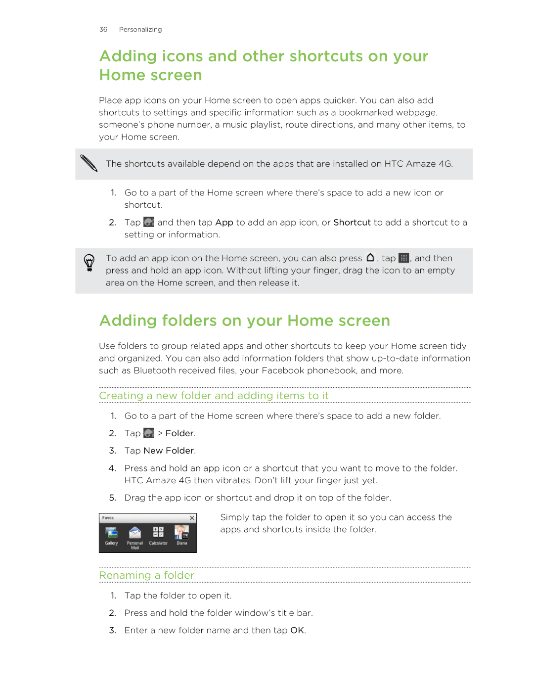 HTC HTCAmaze4GUnlockedBlack manual Adding icons and other shortcuts on your Home screen, Adding folders on your Home screen 