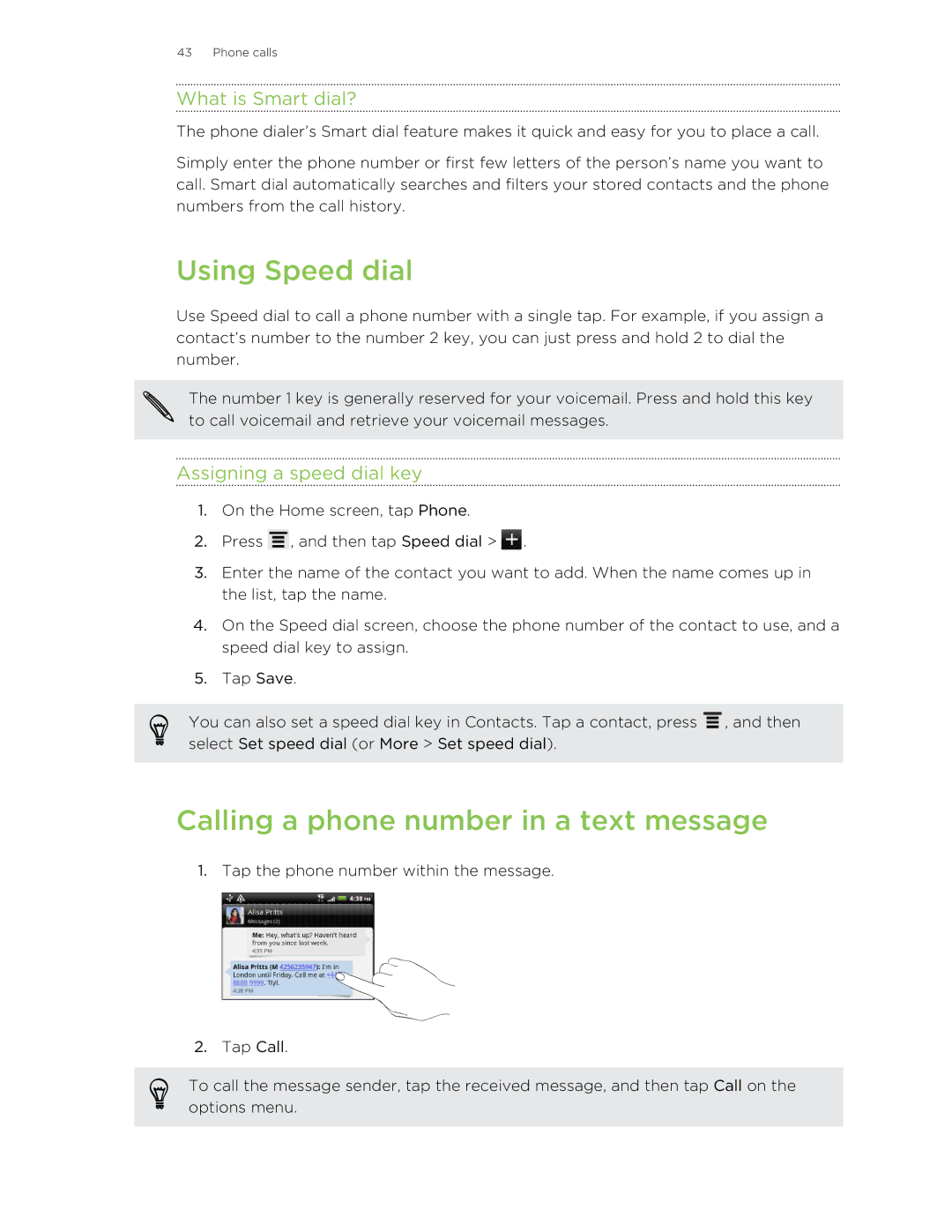 HTC HTCAmaze4GUnlockedBlack manual Using Speed dial, Calling a phone number in a text message, What is Smart dial? 