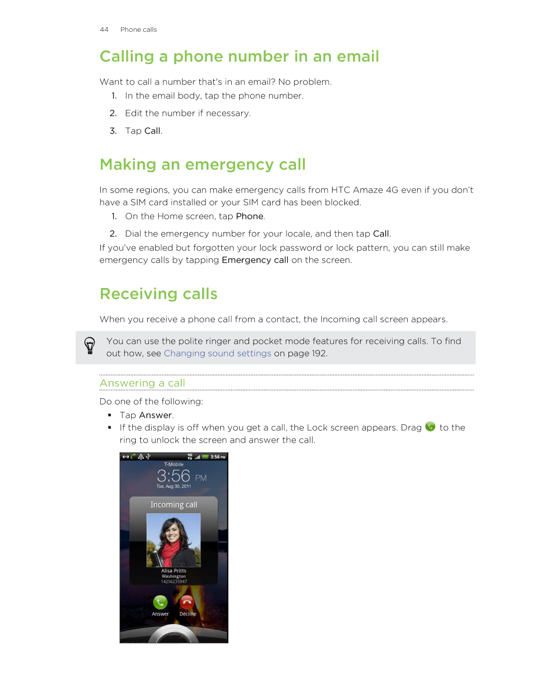 HTC HTCAmaze4GUnlockedBlack manual Calling a phone number in an email, Making an emergency call, Receiving calls 