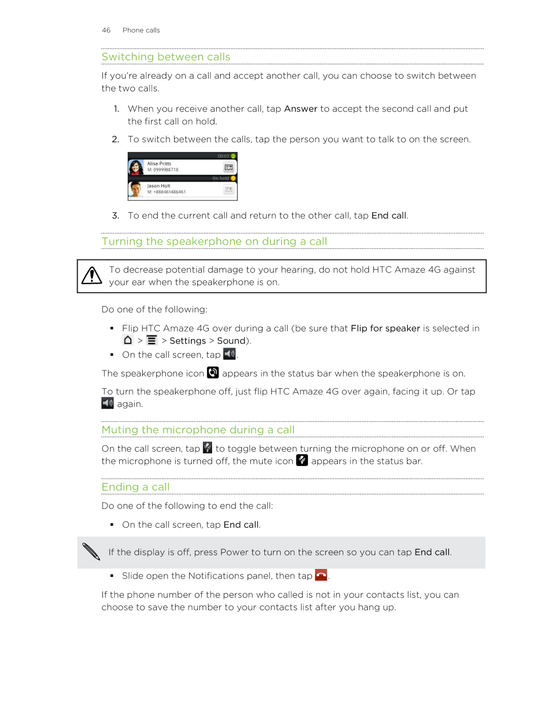 HTC HTCAmaze4GUnlockedBlack manual Switching between calls, Turning the speakerphone on during a call, Ending a call 