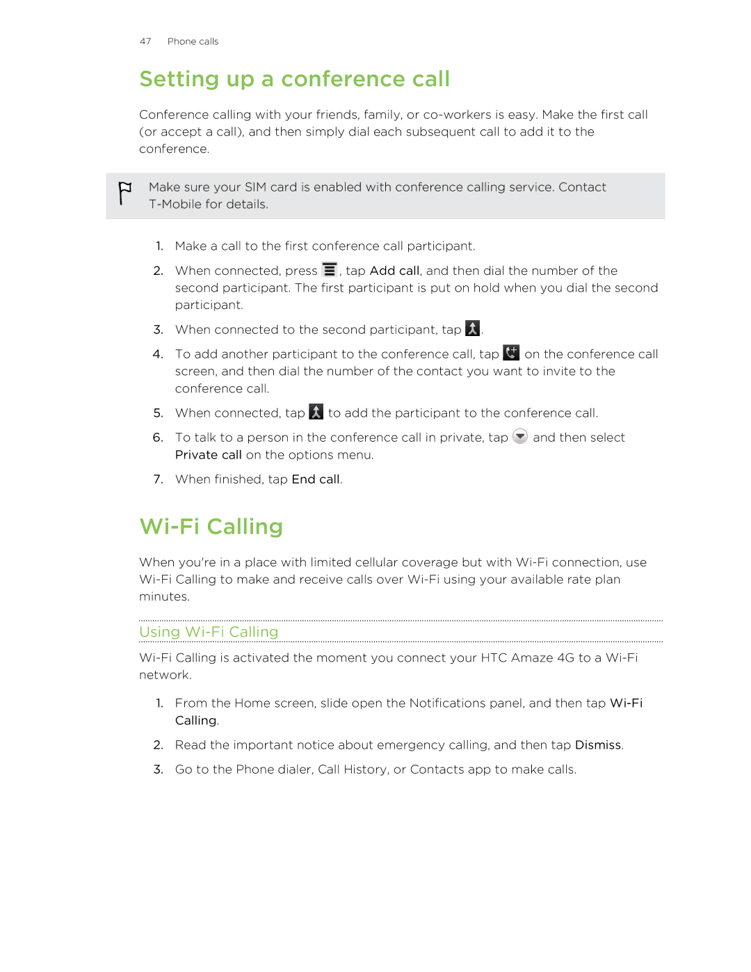 HTC HTCAmaze4GUnlockedBlack manual Setting up a conference call, Using Wi-Fi Calling 