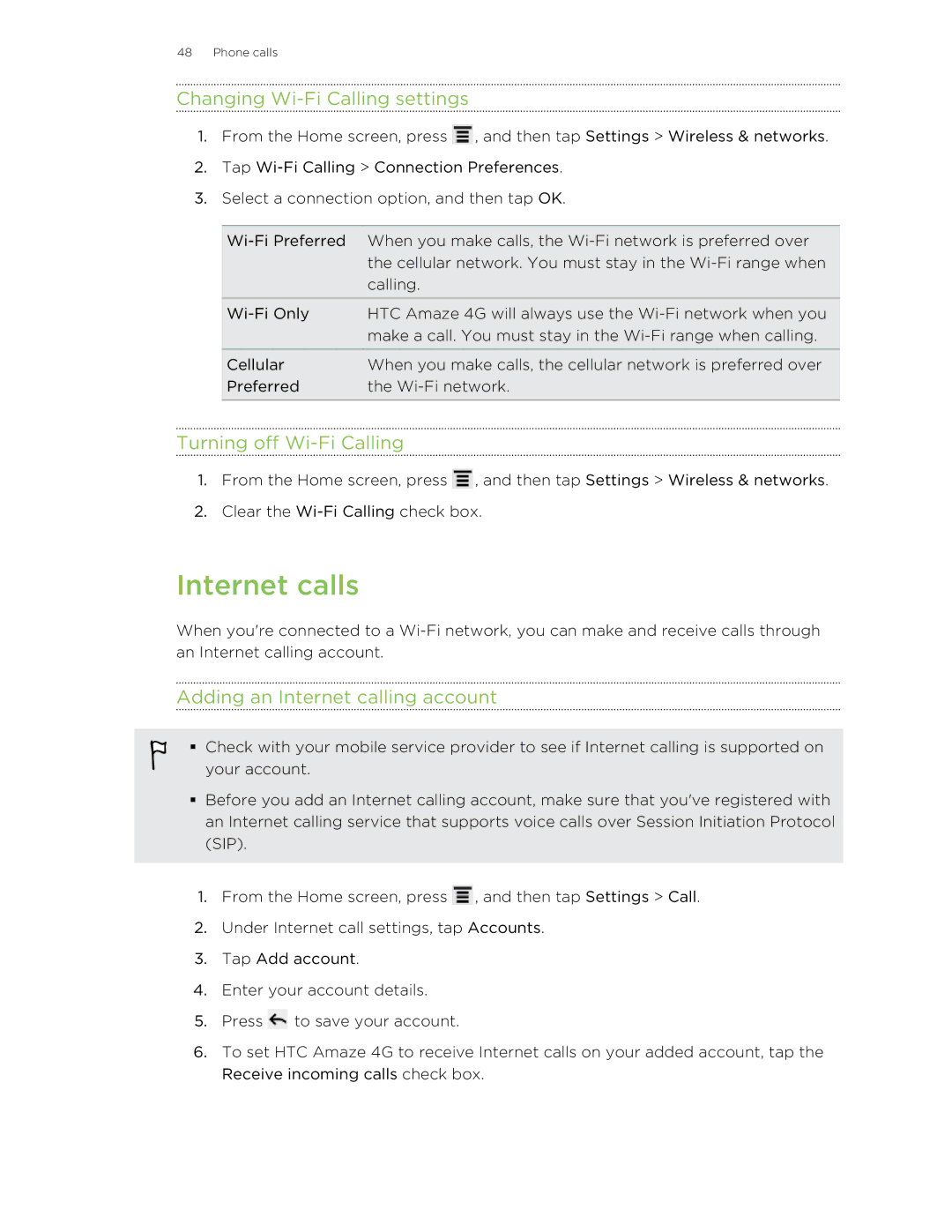 HTC HTCAmaze4GUnlockedBlack manual Internet calls, Changing Wi-Fi Calling settings, Turning off Wi-Fi Calling 