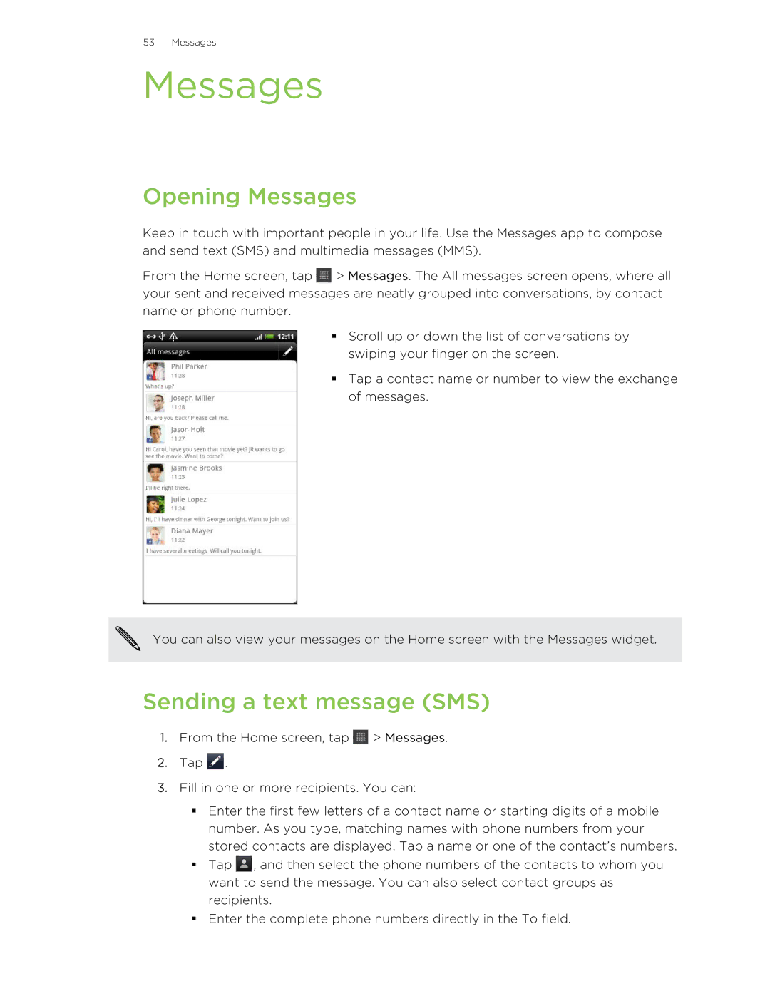 HTC HTCAmaze4GUnlockedBlack manual Opening Messages, Sending a text message SMS 