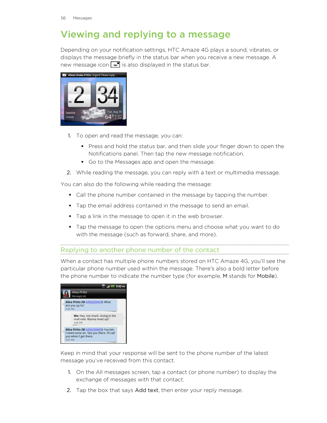 HTC HTCAmaze4GUnlockedBlack manual Viewing and replying to a message, Replying to another phone number of the contact 