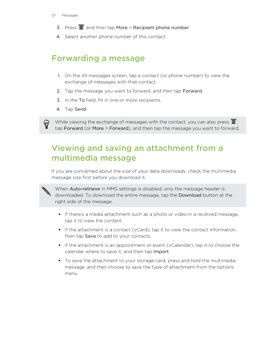 HTC HTCAmaze4GUnlockedBlack manual Forwarding a message, Viewing and saving an attachment from a multimedia message 