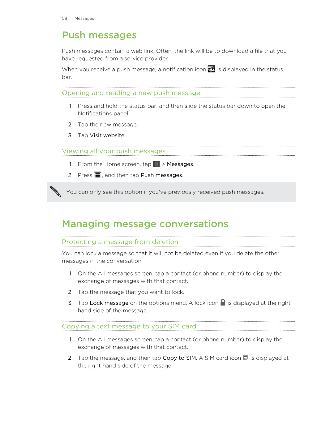 HTC HTCAmaze4GUnlockedBlack manual Push messages, Managing message conversations 