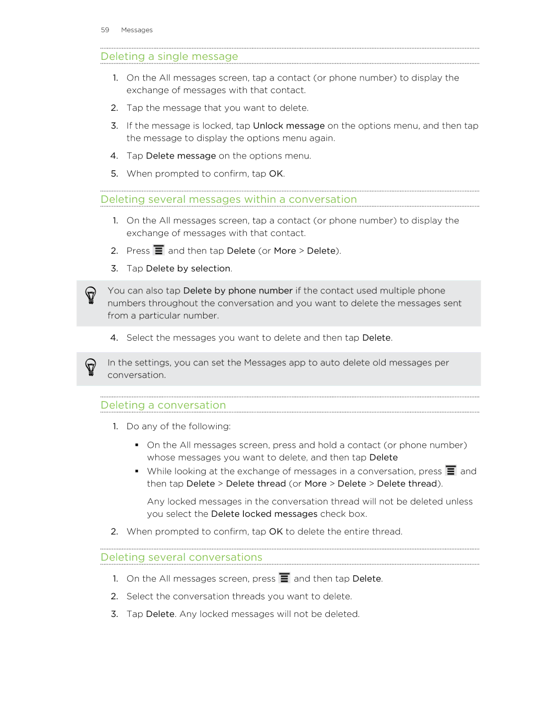 HTC HTCAmaze4GUnlockedBlack manual Deleting a single message, Deleting several messages within a conversation 