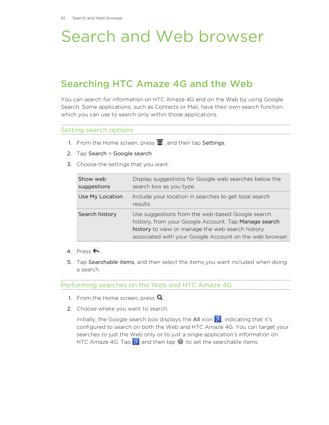 HTC HTCAmaze4GUnlockedBlack manual Search and Web browser, Searching HTC Amaze 4G and the Web, Setting search options 