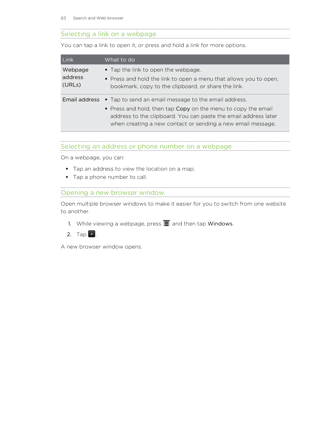 HTC HTCAmaze4GUnlockedBlack manual Selecting a link on a webpage, Selecting an address or phone number on a webpage 