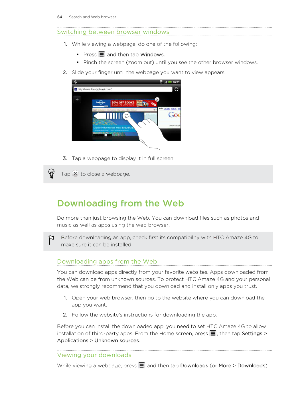 HTC HTCAmaze4GUnlockedBlack Downloading from the Web, Switching between browser windows, Downloading apps from the Web 