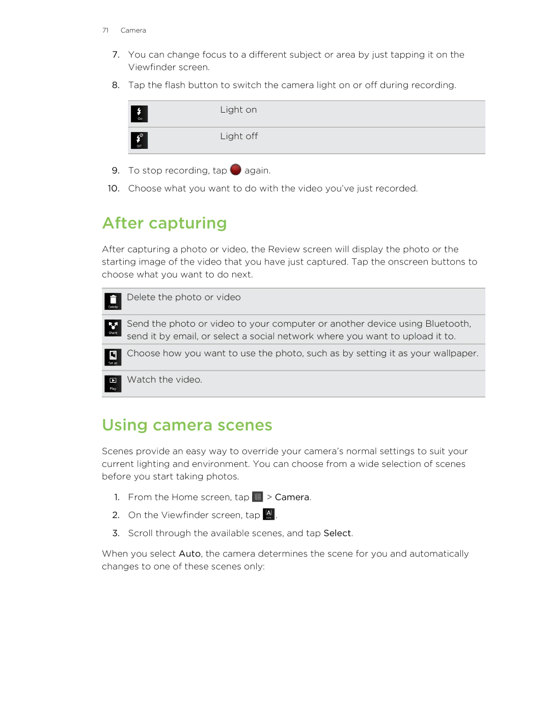 HTC HTCAmaze4GUnlockedBlack manual After capturing, Using camera scenes 