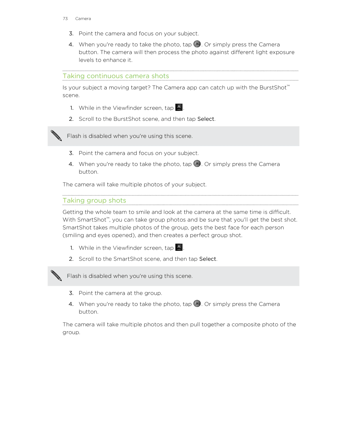 HTC HTCAmaze4GUnlockedBlack manual Taking continuous camera shots, Taking group shots 