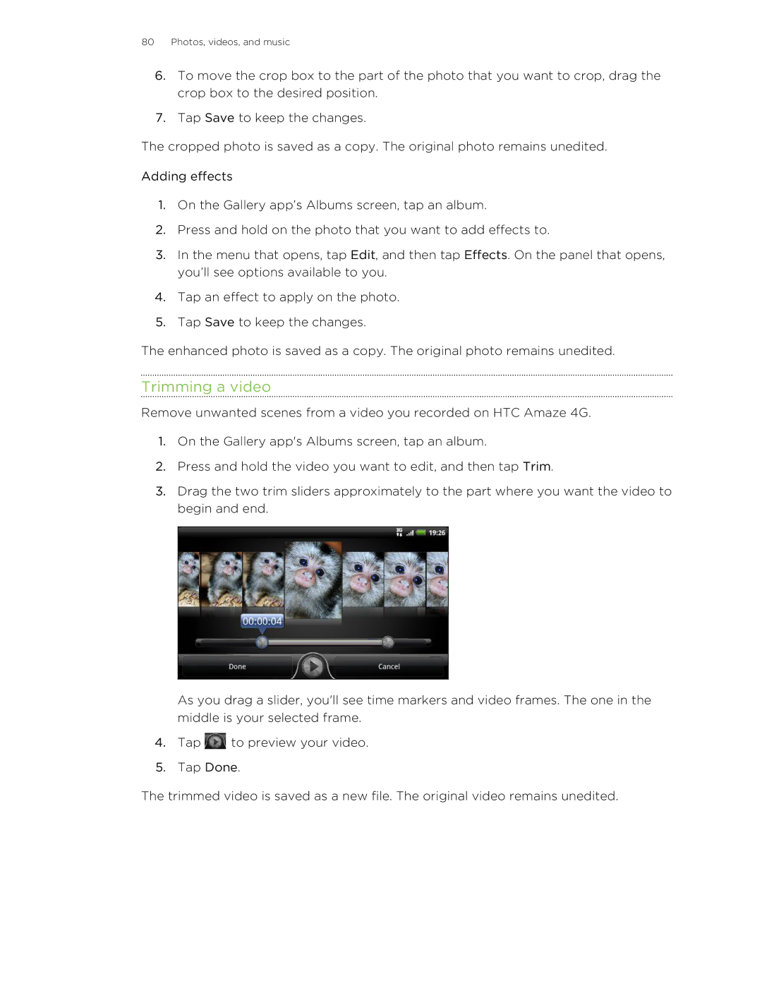HTC HTCAmaze4GUnlockedBlack manual Trimming a video 