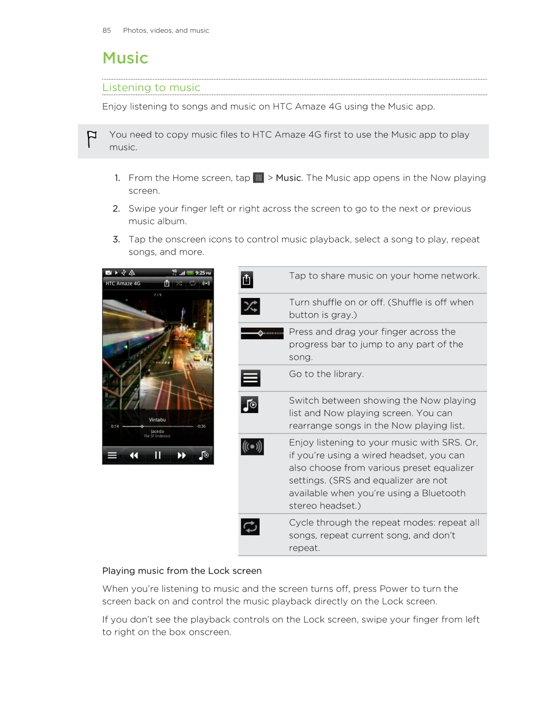 HTC HTCAmaze4GUnlockedBlack manual Music, Listening to music 