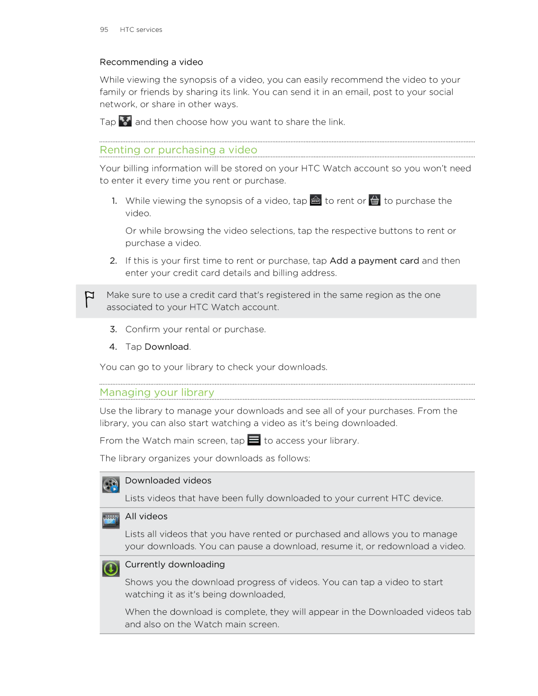 HTC HTCAmaze4GUnlockedBlack manual Renting or purchasing a video, Managing your library 