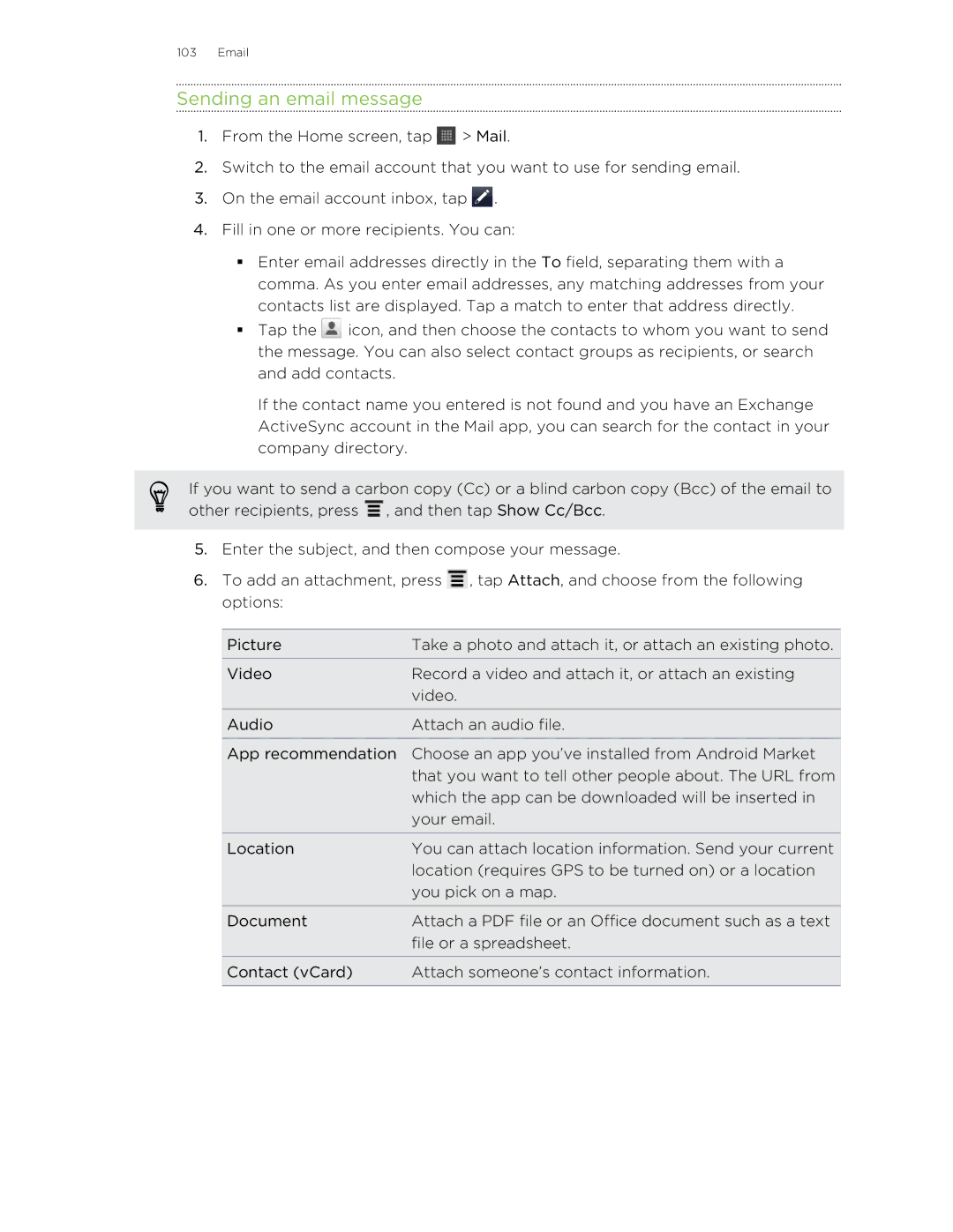 HTC HTCFlyerP512 manual Sending an email message 