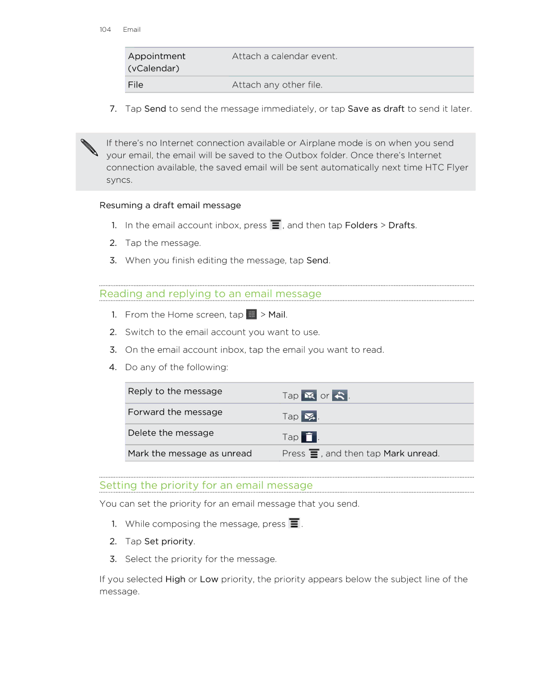 HTC HTCFlyerP512 manual Reading and replying to an email message, Setting the priority for an email message 