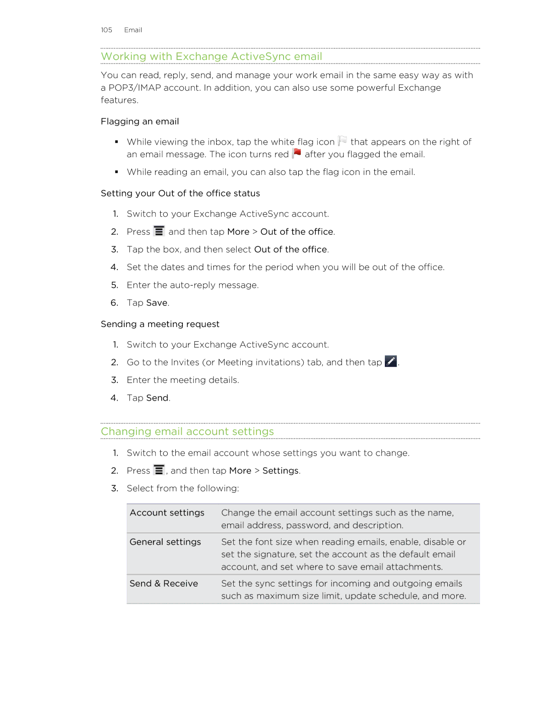 HTC HTCFlyerP512 manual Working with Exchange ActiveSync email, Changing email account settings 