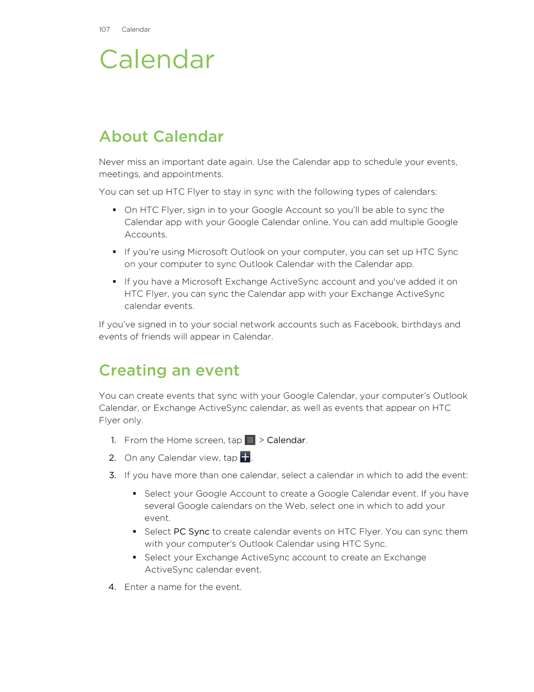 HTC HTCFlyerP512 manual About Calendar, Creating an event 