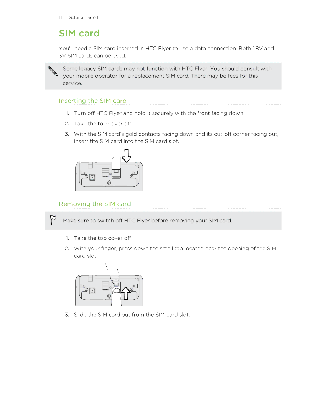 HTC HTCFlyerP512 manual Inserting the SIM card, Removing the SIM card 