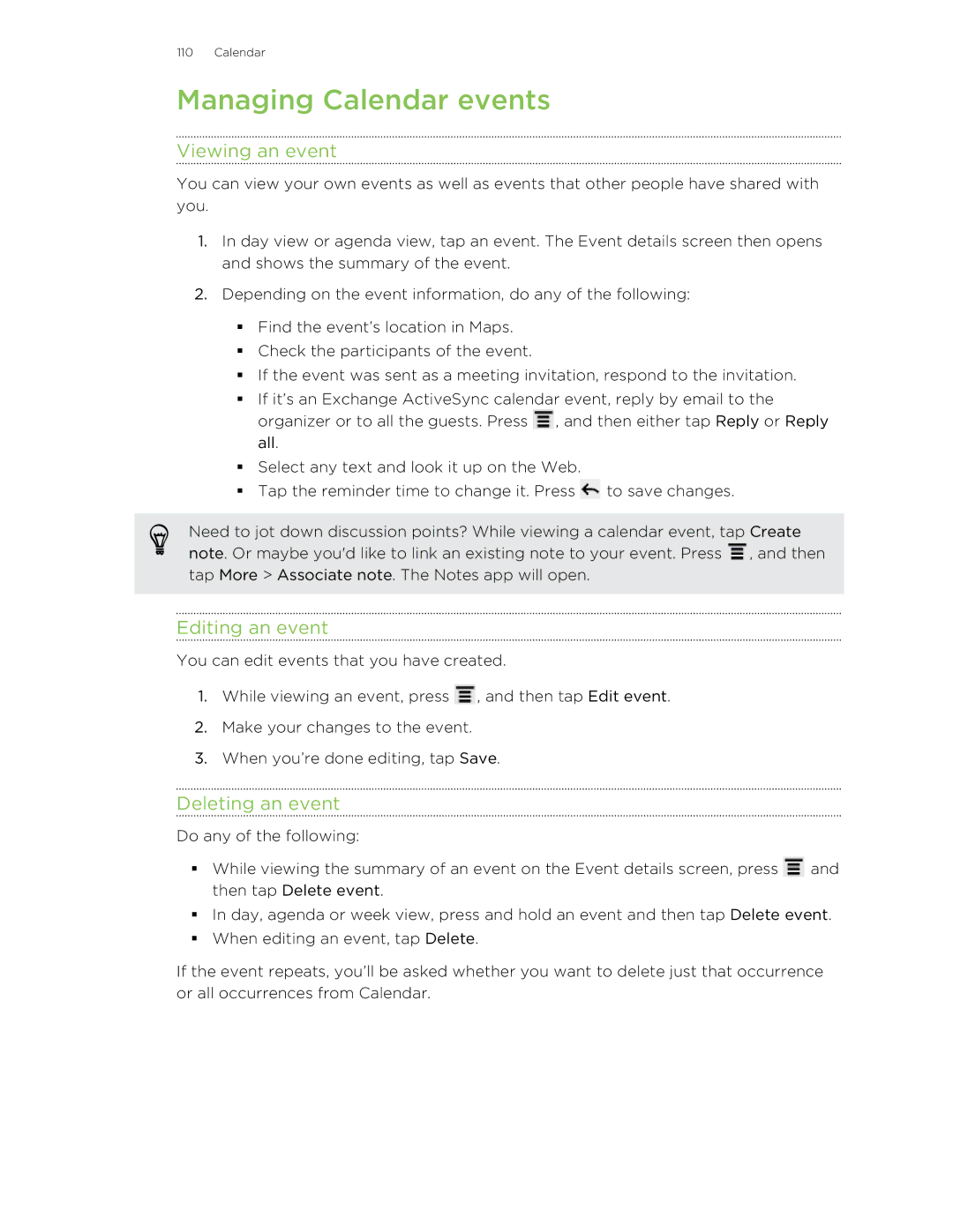 HTC HTCFlyerP512 manual Managing Calendar events, Viewing an event, Editing an event, Deleting an event 