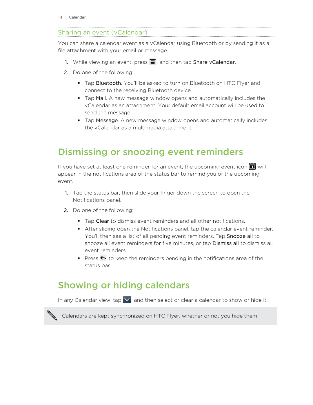 HTC HTCFlyerP512 manual Dismissing or snoozing event reminders, Showing or hiding calendars, Sharing an event vCalendar 