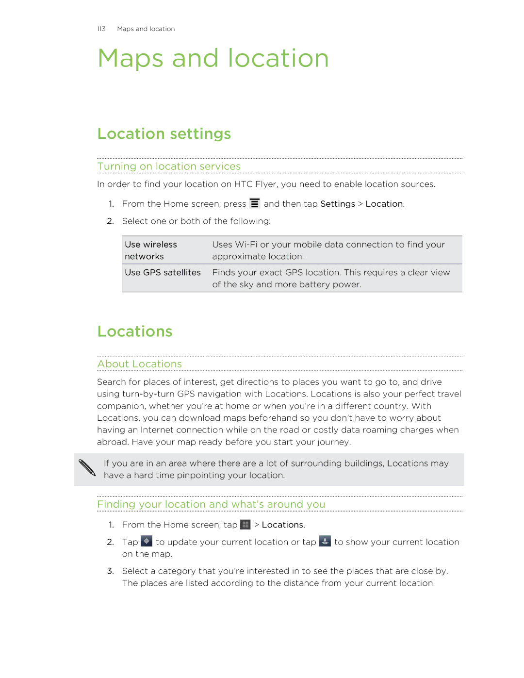 HTC HTCFlyerP512 manual Maps and location, Location settings, Locations 