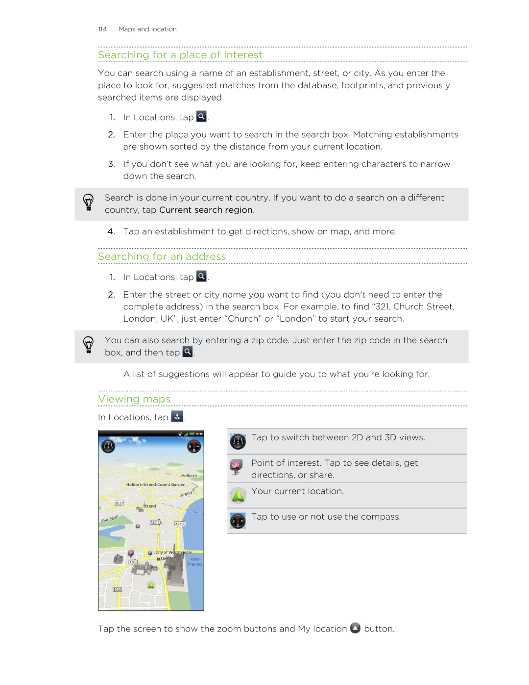 HTC HTCFlyerP512 manual Searching for a place of interest, Searching for an address, Viewing maps 
