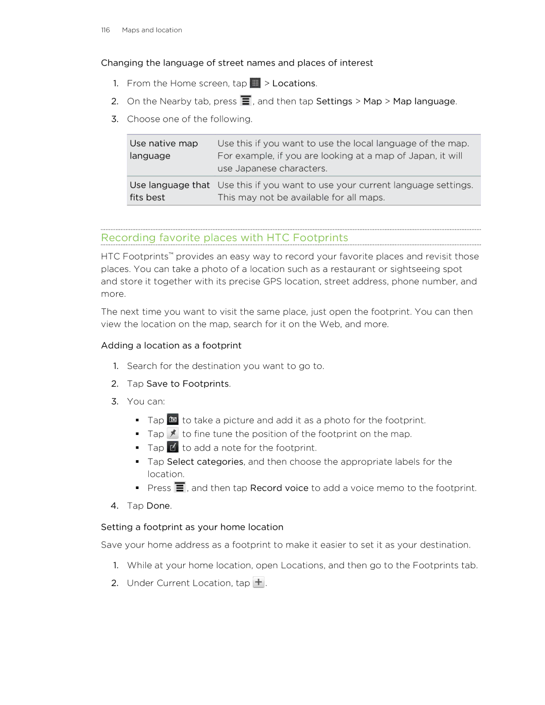 HTC HTCFlyerP512 manual Recording favorite places with HTC Footprints 