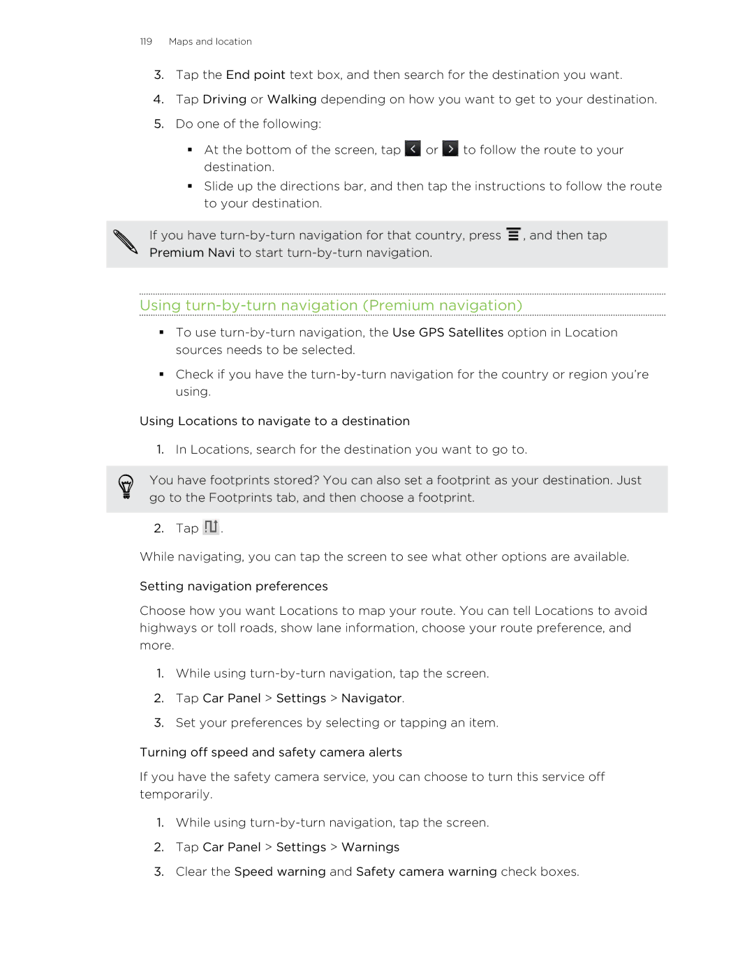 HTC HTCFlyerP512 manual Using turn-by-turn navigation Premium navigation 