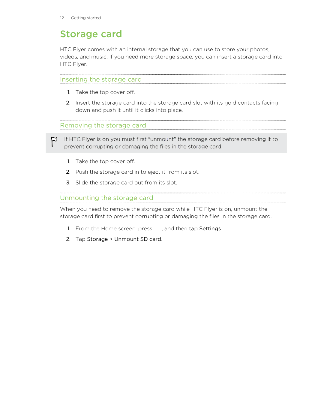 HTC HTCFlyerP512 manual Storage card, Inserting the storage card, Removing the storage card, Unmounting the storage card 