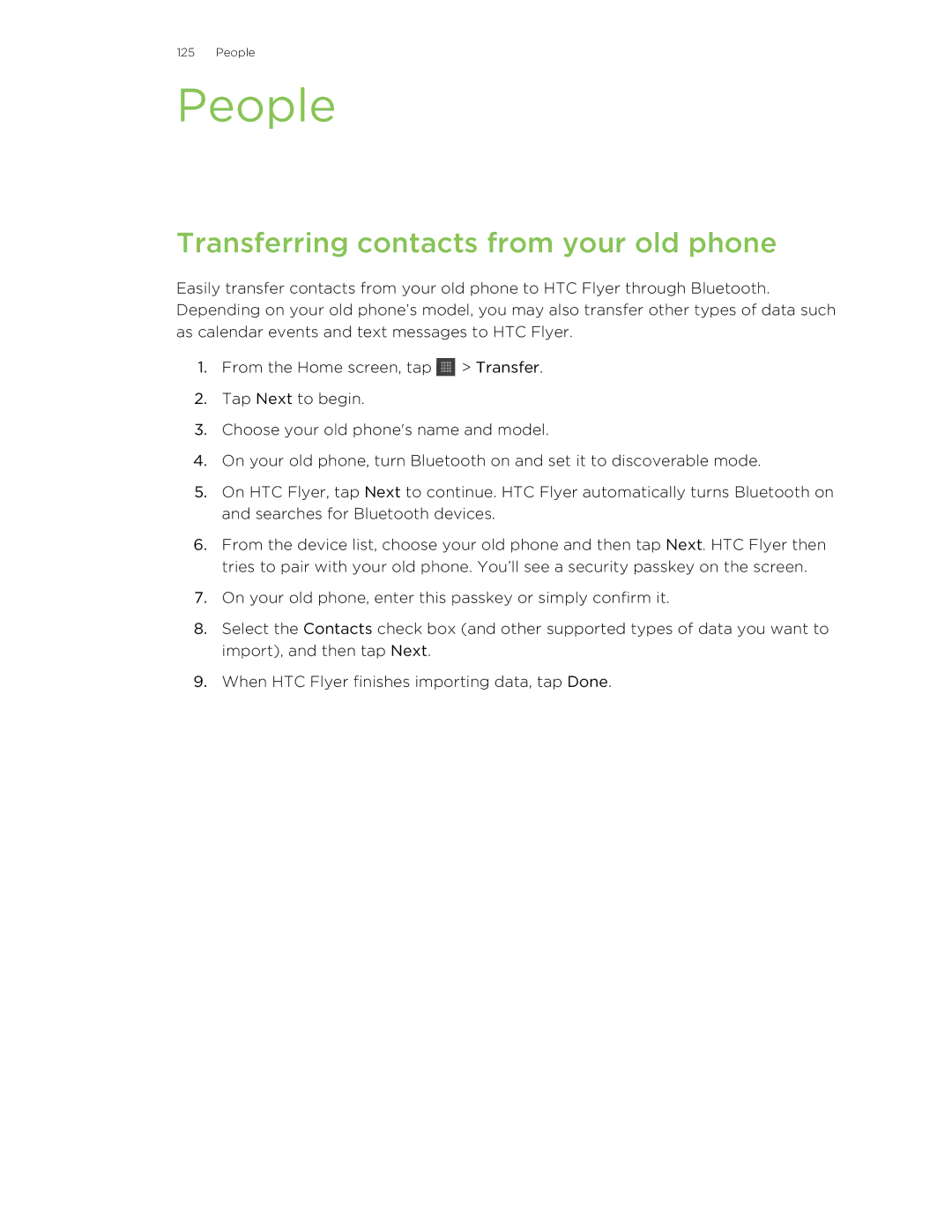 HTC HTCFlyerP512 manual People, Transferring contacts from your old phone 