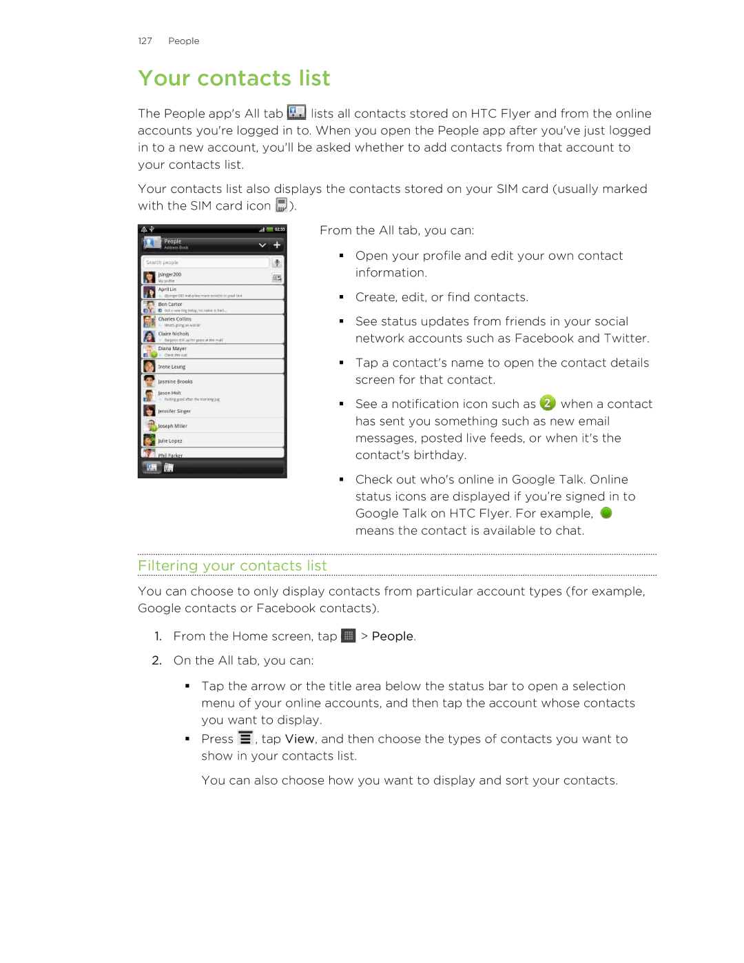 HTC HTCFlyerP512 manual Your contacts list, Filtering your contacts list 