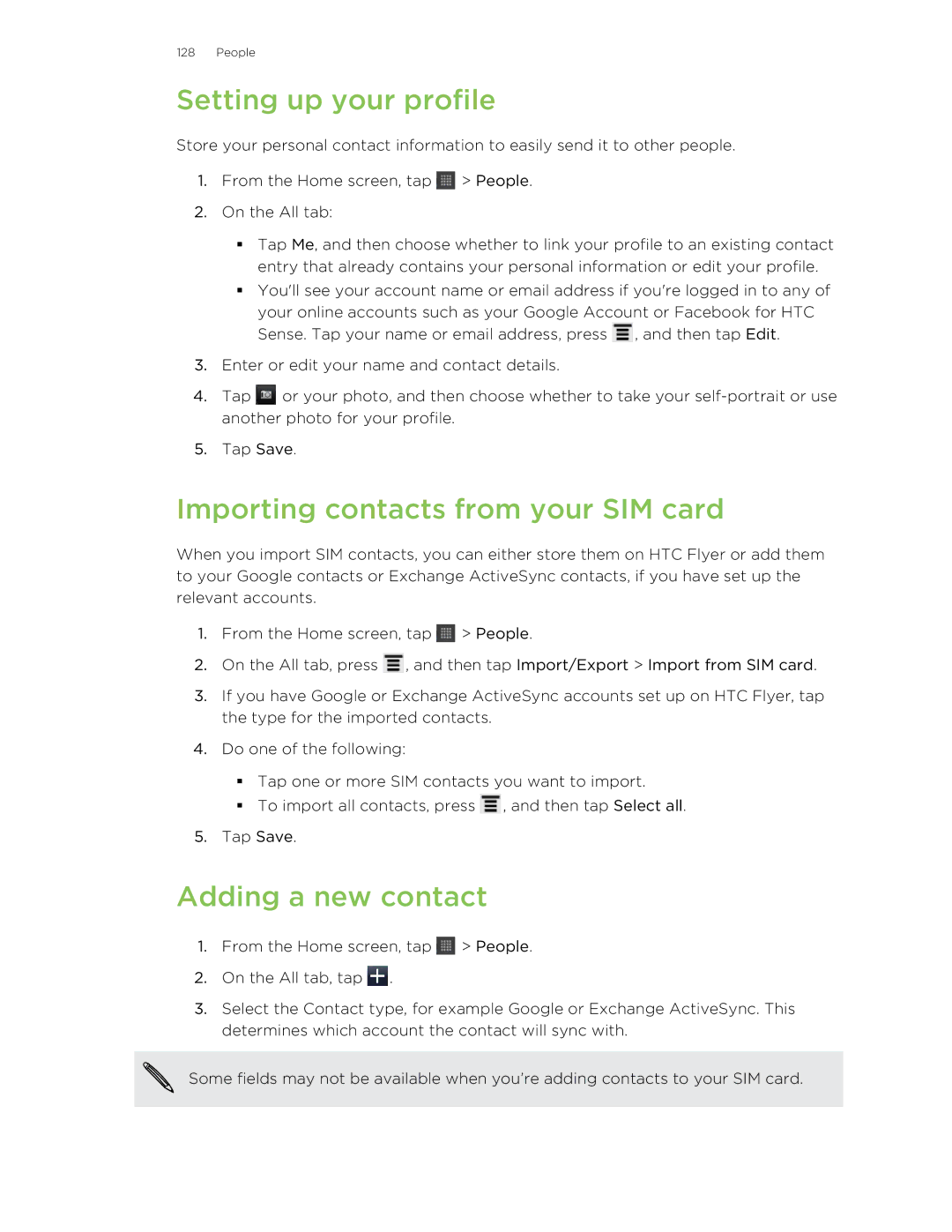 HTC HTCFlyerP512 manual Setting up your profile, Importing contacts from your SIM card, Adding a new contact 