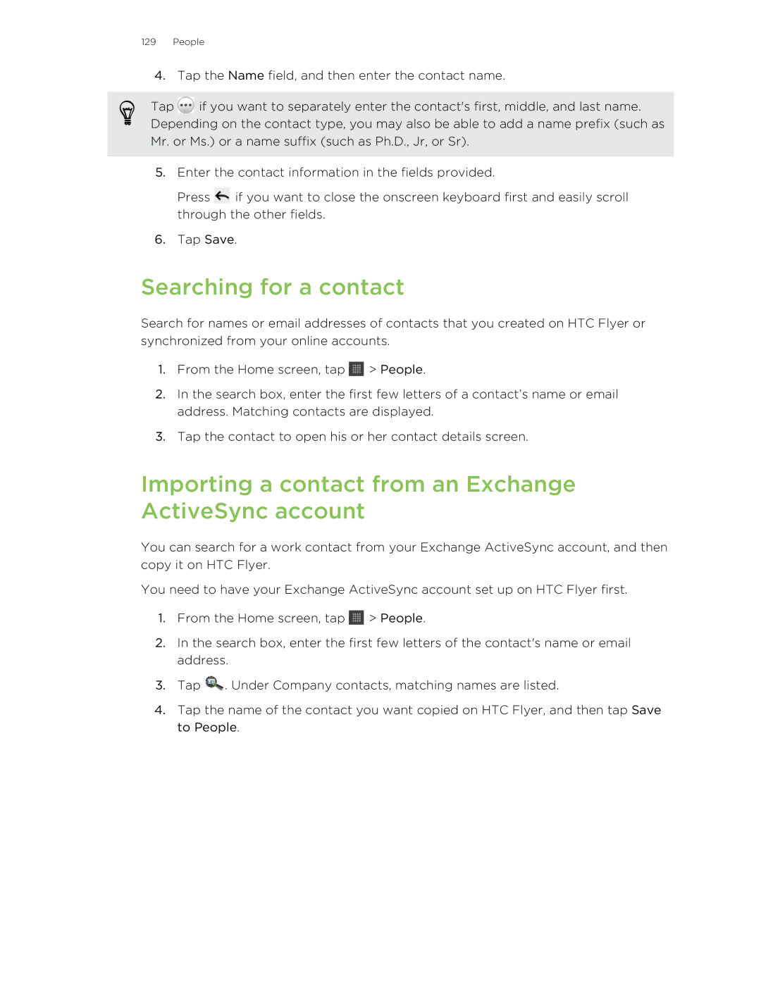 HTC HTCFlyerP512 manual Searching for a contact, Importing a contact from an Exchange ActiveSync account 